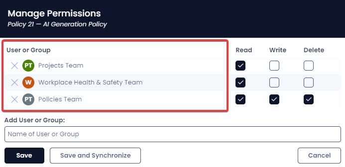 A screenshot that shows the location of the User or Group Permissions section on the Permissions Panel. The screenshot is annotated with a red box that highlights the section&#39;s location.